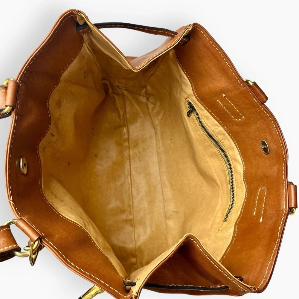 Vintage Brown Leather Double Handle Tote Bag Satchel Horse Bit Lock Horseshoe‎